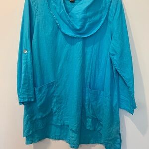 Ali Miles Turquoise Cowl Neck Linen Tunic